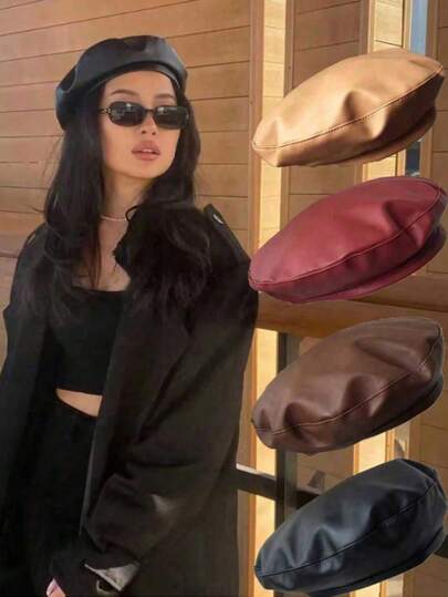 1pc Women's Black Flat Top Beret Hat, Versatile PU Artist Beret, Soft Girl Ins Black Flat Top Pumpkin Hat, Painter Cap Suitable For All Seasons