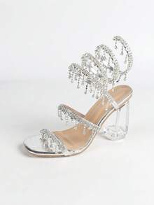 Sandalias de tacón alto grueso y cristalino para mujer, con punta cuadrada, tira envolvente de strass y serpiente, diseño de punta abierta, modelo básico para verano y otoño - Plateado - Ver 14