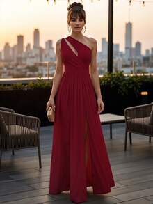 Vestido Largo de Hombros Descubiertos con Abertura Lateral y Escote Asimetrico para Mujer - Rojo violeta - Ver 1