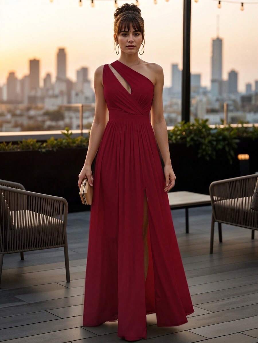 Vestido Largo de Hombros Descubiertos con Abertura Lateral y Escote Asimetrico para Mujer - Rojo violeta - Ver 1