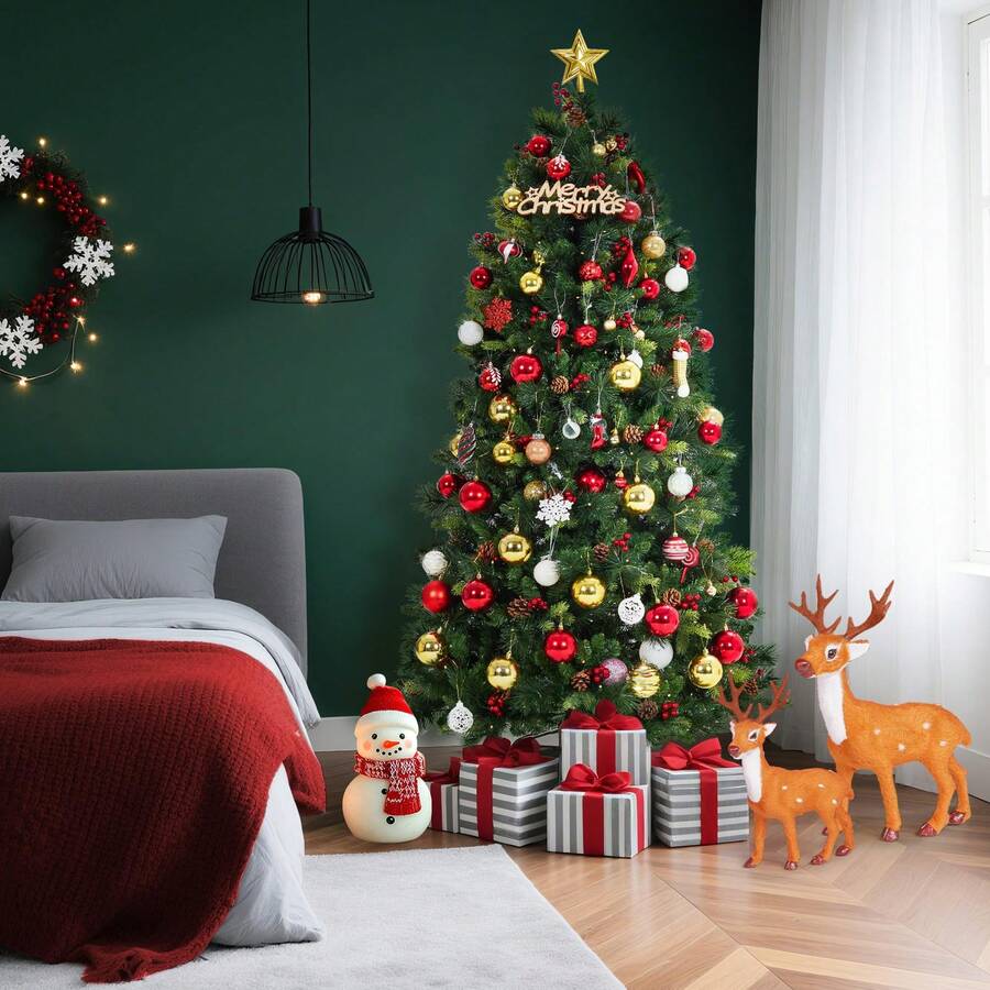 1.8 m Verde Árbol de Navidad Artificial Iluminado con Luces Cálidas Ramas Gruesas de PE y PVC Resistente al Fuego para Decoración de Casa Oficina Fiesta - Verde - Ver 1