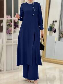 2pcs Women Simple Set, Including One Button Decor Round Neck Belted Top And Wide Leg Pants, Non-Stretch Fabric - Navy Blue - View 1