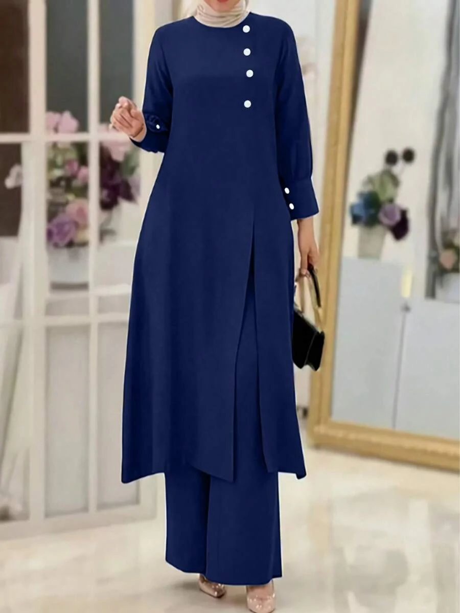 2pcs Women Simple Set, Including One Button Decor Round Neck Belted Top And Wide Leg Pants, Non-Stretch Fabric - Navy Blue - View 1