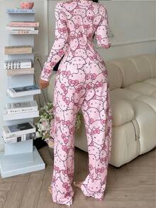 SANRIO 2pcs  Women Pajama Set, Long Sleeve Top And Pants, Cute Colorful And Fashionable, Suitable For Spring And Autumn, Fall Winter Clothes - Pink - View 7