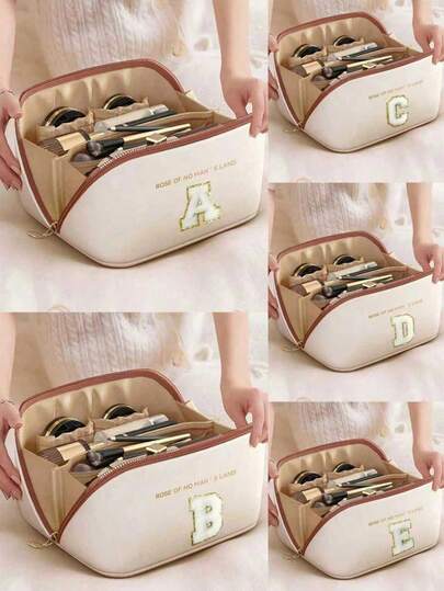 Premium Pu Travel Cosmetic Bag, With Embroidered Letters On Towels A-Z Cosmetic Storage Bag, Large Capacity Multi-Layer Cosmetic Bag, Zipper Pouch, Multifunctional Waterproof Portable Travel Organizer, Makeup Brush Set, Cosmetics Organization And Storage, Travel Accessories, Cruise Essentials