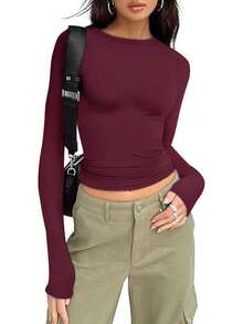 3件套女士纯色基础款长袖T恤，适合秋冬季休闲穿着 - 彩色 - 查看 8