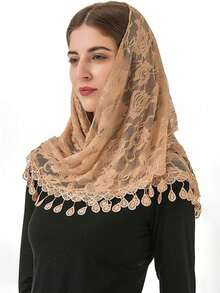 1件时尚纯色蕾丝三角头纱，轻盈花卉刺绣镂空披肩围巾，适合教堂祈祷、婚礼头纱、新娘头纱、秋季女装、情人节配饰