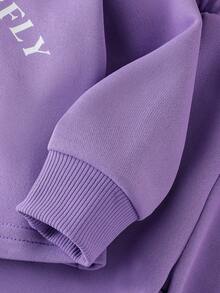 2 件套女婴时尚休闲套装，字母和蝴蝶印花长袖连帽运动衫上衣和字母印花紫色裤子 - 紫色 - 查看 6