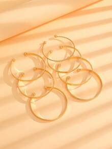 7 件/套时尚百搭波西米亚风西方复古简约金属手镯适合男女日常佩戴欧美风格，包括锤子、箭头、花卉、夸张六角形、扭曲开口手镯珠宝礼物 - 金黃色 - 查看 7