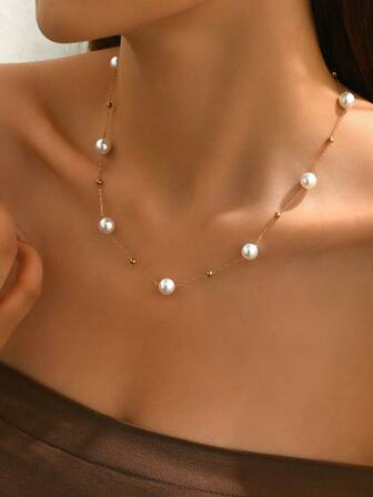 1pc Minimalist Fashion Metal & Acrylic Faux Pearl Necklace For Women, Suitable For Daily Wear