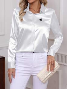 Blusa clásica de unicolor, elegante de popelina, de manga larga con botones para mujer, para uso diario en la oficina, nueva llegada de primavera 2025 - Blanco 2 - Ver 5