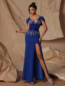 Đầm dạ hội nữ VIPGIRL màu xanh hải quân cổ chữ V xẻ tà - Xanh đậm - Xem 5