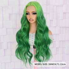 13x4 Green Highlights Curly Lace Front Wigs For Women Body Wavy Long Hair Ombre Green Wig Pre-Plucked Wear And Go 28 Inch Glueless Synthetic Lace Front Wigs For Halloween Daily Party Wig - 綠色 - 查看 7