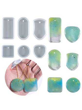 12 piezas Juego de moldes de silicona para colgantes de llavero Molde de resina epoxi cristalina para hacer pendientes redondos y rectangulares Molde para hacer joyas