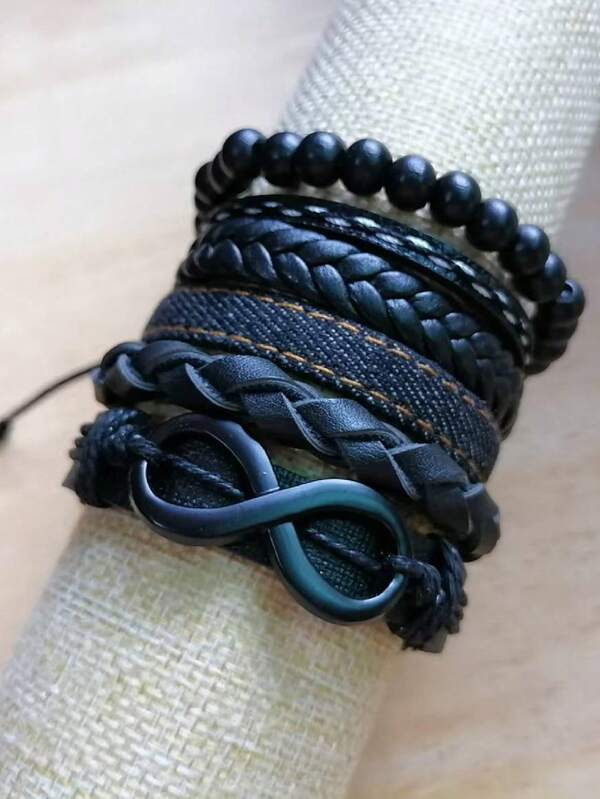 6 قطع سوار يدوي مجموعة من الخرز اللانهائي والبانك والرجعي والخشبي والسبائك المعدنية للرجال والنساء، مناسب للارتداء اليومي والمناسبات