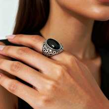 1pc Vintage 925 Sterling Silver Faux Black Agate Textured Ring, Suitable For Vacation, Daily Wear, Party, Wedding - Silver - View 1