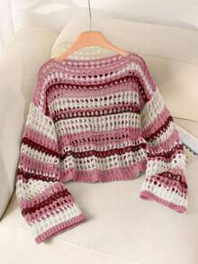 1pc Plus Size Women Striped Knit Hollow Out Casual Dress, Suitable For Home, Holidays, Spring/Autumn - Watermelon Pink - View 2