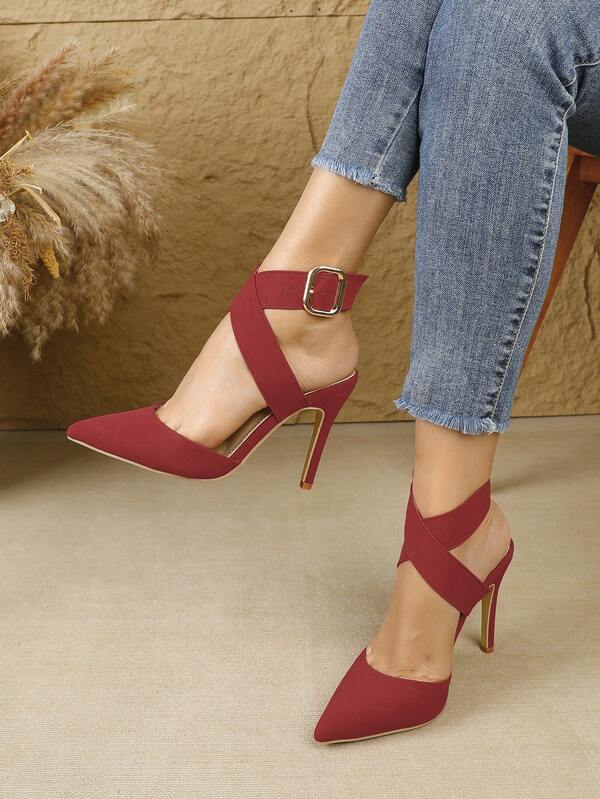 Women's Pointed Toe Stiletto Heel Backless Fashion Champagne/Black/White Sexy High Heel Pumps With Ankle Strap, Ladies Shoes