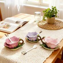 1 Set Handpainted Floral Ceramic Tea Cup & Saucer, 3D Sculpted Rose, Tulip, Daisy Flower Coffee Mug, 1pc 150ml(5oz) Cup With Handle, 1pc Leaf Plate, 1pc Butterfly Spoon, Unique Home Decor, Valentines, Mother's Day, Christmas Gift