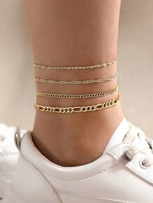 4pcs/Set Minimalist Chic Metal Thin Chain Layered Geometric Anklet Jewelry Set, Versatile For Any Occasion, Perfect Gift For Women - Multicolor - View 11