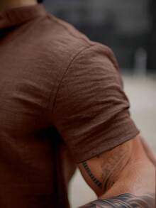 Men's Short Sleeve Priest Collar Shirt – Premium Quality, Perfect Fit, Light And Fresh Fabric, Easy To Iron. - Rỉ Nâu - Xem 3