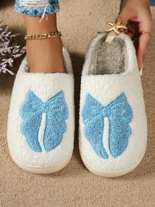 Pantoufles femme en peluche chaude avec nœud, à la mode et mignonnes pour la chambre, confortables et décontractées pour l'hiver