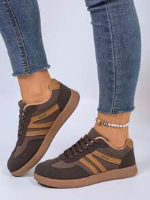 女士轻便户外运动鞋，新款休闲平底防滑拼接彩色运动鞋，适合春秋季穿着 - 棕色 - 查看 6