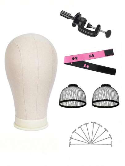 Canvas Wig Mannequin Head With Clips Set - Stable DIY Wig-Making Accessories For Costume Styling