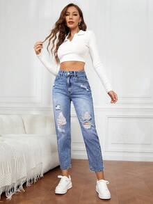 Jeans rotos con ajuste de mamá, cómodos, con detalles rasgados, cierre de cremallera y prácticos bolsillos. Corte informal. - Azul lavado medio - Ver 4