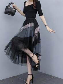 秋冬新款拼接网纱多层不对称下摆半身裙，百搭弹力腰褶裥纱裙，柔美浪漫风 - 黑色 - 查看 4