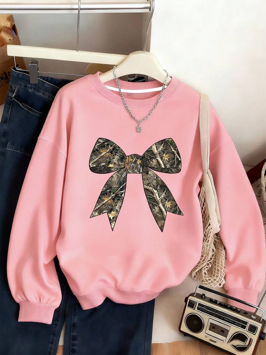 少女蝴蝶印花落肩圆领休闲卫衣,适合日常穿着、外出、上学、音乐节、度假等场合。 - 粉色 - 查看 1