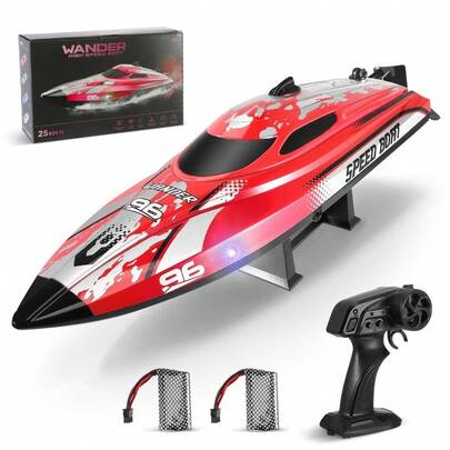 Red RC Boat – 2.4GHz Remote Control Racing Boat (25KM/H), Self-Righting Outdoor Watercraft With Alarm For Pools & Lakes