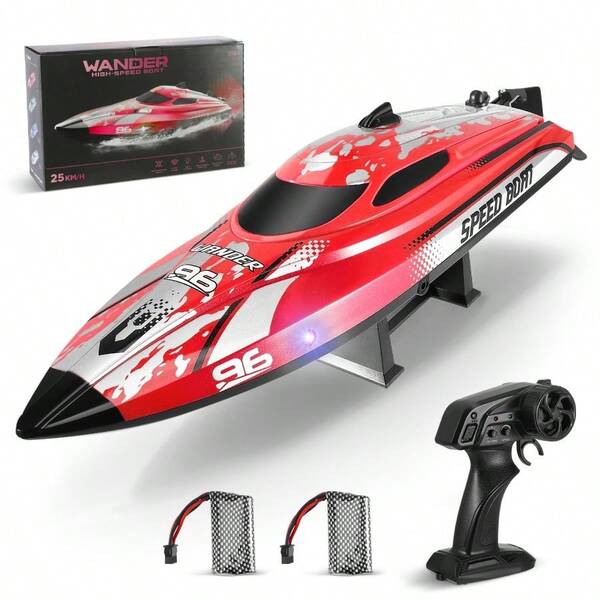 Red RC Boat – 2.4GHz Remote Control Racing Boat (25KM/H), Self-Righting Outdoor Watercraft With Alarm For Pools & Lakes
