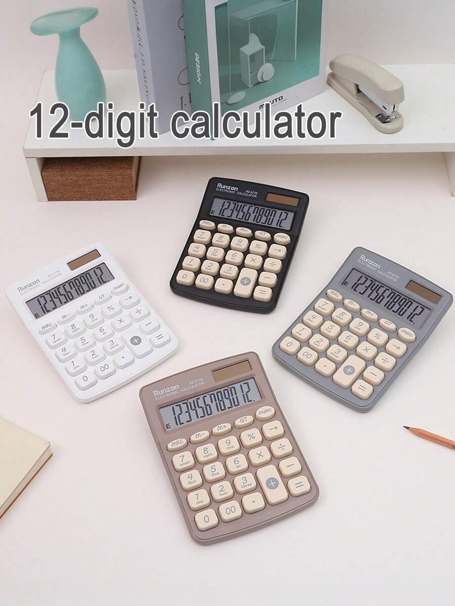 1pc 12-Digit Dopamine Calculator, Dual Power Supply (Solar + AAA Battery), Streamlined Body, Comfortable Grip, Material, Suitable For Home, Office, Cashier, Supermarket, School, High-Quality Calculator - 877b - View 1