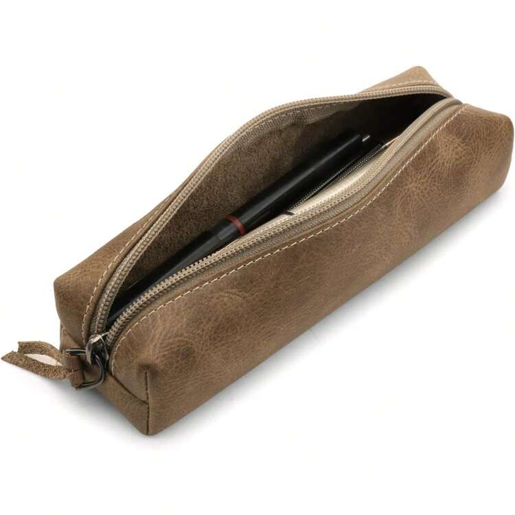 Genuine Leather Zipper Pen Pencil Cosmetic Case - 貂 - 查看 3