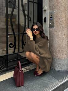 Áo len nữ dáng rộng cổ tròn, kiểu dáng tối giản, màu trơn, phong cách retro, hoàn hảo cho năm mới, Giáng sinh và Ngày Valentine. - màu nâu - Xem 7