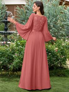 MIUSOL 亮片花卉蕾丝心形领口长袖褶皱下摆雪纺晚礼服，优雅女士派对礼服，正式晚礼服，情人节婚礼春季礼服 - 藕粉色 - 查看 3