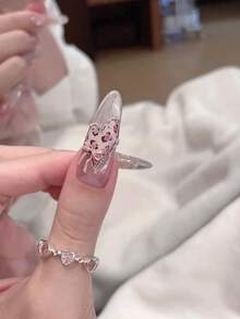 10片長杏仁形Y2K風格粉色豹紋緞帶蝴蝶結美甲貼，手繪愛心裝飾，不對稱水鑽，手繪豹紋浮雕美甲，粉色美甲，可愛美甲，豹紋設計，裸粉色貓眼漸層，亮片美甲，水鑽裝飾假指甲，春夏秋冬必備，壓克力穿戴式假指甲，美甲用品，穿戴式假指甲，手工穿戴式假指甲 - 粉色 - 查看 4
