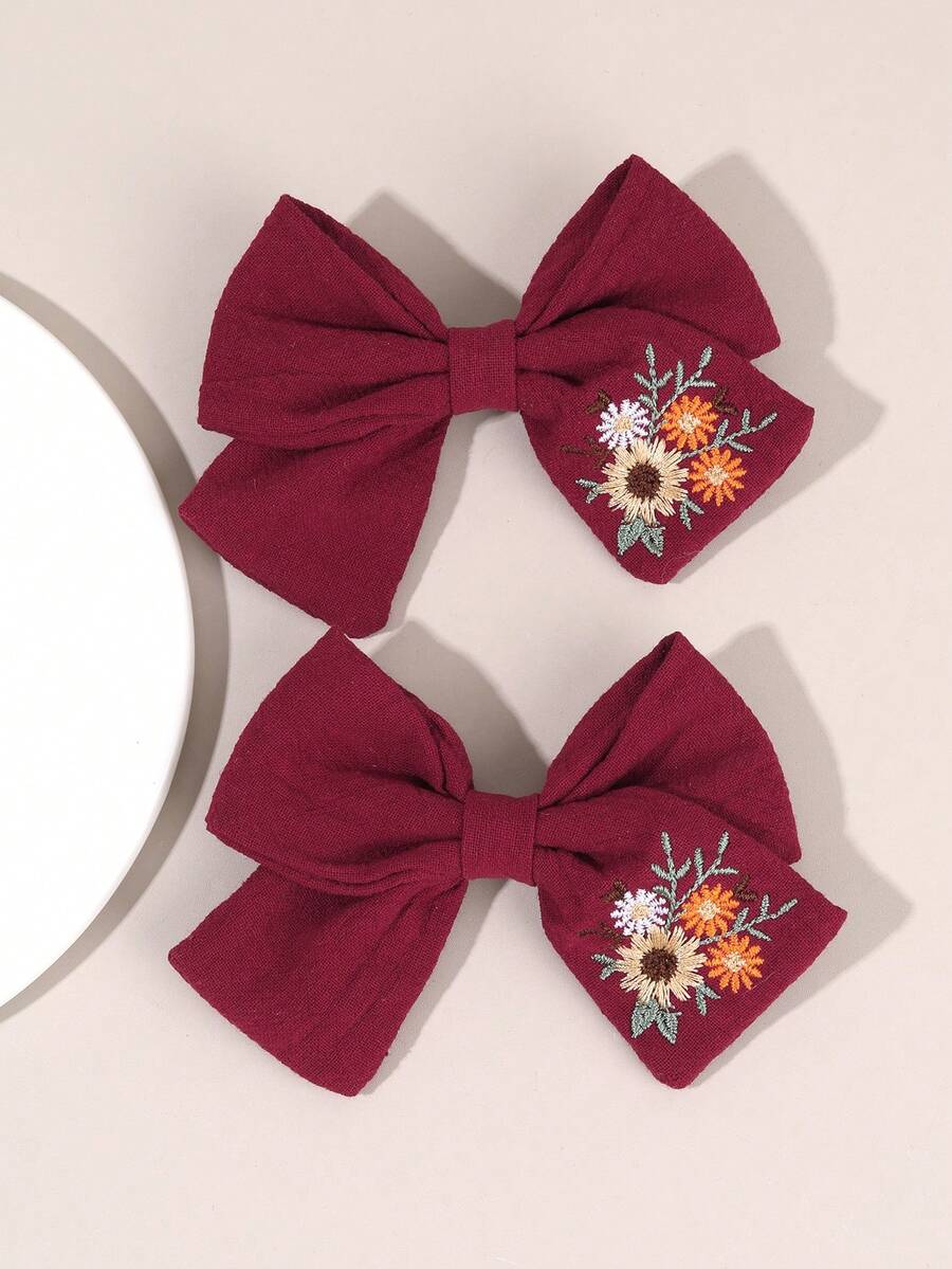 2pcs Red Fabric Bow Hair Clips, Floral Embroidered Hair Accessories, Fashion Hair Pins, Suitable For Girls, Teens, Children Party Gifts & Follow Our Store To Get The Latest Styles And Enjoy 8% Off On Your Next Order & DZBB - Red - View 1
