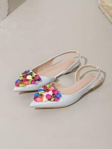 新款时尚女士尖头蝴蝶结玛丽珍休闲平底鞋，无后跟凉鞋，芭蕾平底鞋 - 白色 - 查看 4