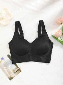 Set de 3 sujetadores deportivos sin costuras, transpirables y inalámbricos para mujeres - Cobertura total, antideslizante, con elevación y soporte, ajuste cómodo con detalles acanalados, mezcla de nailon y elastano, lavar a mano - unicolor elegantes - Negro+Albaricoque+Marrón - Ver 9