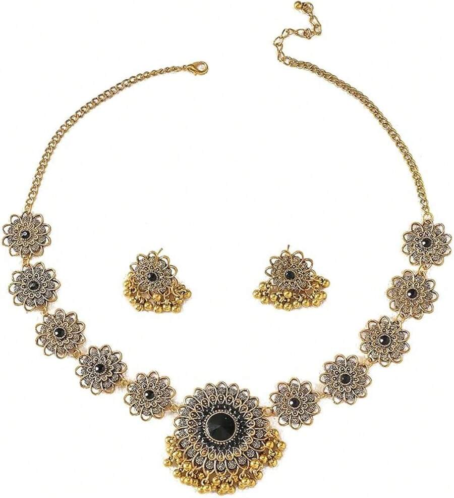 Bollywood Jewelry Sets Women Wedding Party Jewelry Flower Tassel Beaded Dangle Earring Oxidized Choker Necklace Gold-Tone Plated Zirconia Jhumkas Chandelier Earrings Boho Jewelry - 黑色 - 查看 1