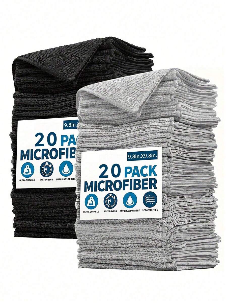 20 piezas Juego de toallas de cocina, paños de limpieza de microfibra súper absorbentes de color negro y gris claro, con gran absorción de agua, suaves, eliminación de manchas, adecuados para limpiar vidrio, encimeras de cocina, ollas y sartenes, grifos, campanas extractoras, automóviles, aplicables para cocina, baño, hogar y talla grande