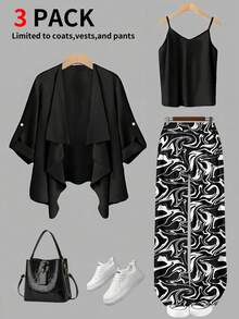 Set 3 piese ținute de primăvară pentru femei plus size: Cardigan în culoarea unuii + Maiou simplu cu camisol + Pantaloni largi cu talie înaltă și model. Material confortabil, respirabil, elastic, lejer și slăbit. Potrivit pentru ținute casual zilnice, naveta, călătorii scurte, acasă și alte ținute de vacanță de primăvară. Poate fi purtat separat.