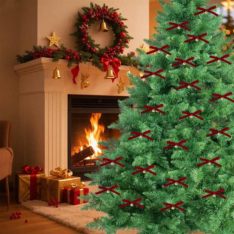 Adornos navideños de terciopelo con forma de lazo, adornos clásicos de campana, elegantes decoraciones colgantes para el hogar - Burdeos - Añade 3