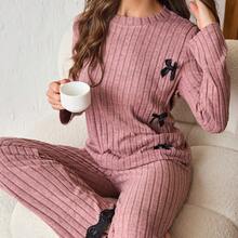 女士时尚简约可爱蕾丝边饰蝴蝶结拼接圆领长袖家居服套装，冬季服装 - 粉色 - 查看 11