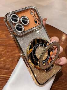 Luxury Bling Glitter Camera Rhinestone Ring Holder Gradient Sequins Plating Phone Case Compatible With IPhone 17 Pro Max Air 16 15 14 13 12 Pro Max Mini Girl And Women Orange Silvery Pink Bracket Case JGUT - 金色 - 查看 3