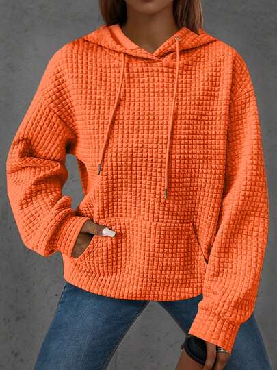 Relaxed Fit Solid Color Jacquard Knit Long Sleeve Hoodie With Pockets