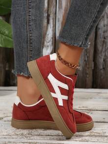 Women's New Lace-Up Colorblock Element Sneakers, Modern Fashionable Elegant Outdoor Street Campus Casual Sports Shoes - Red - View 7