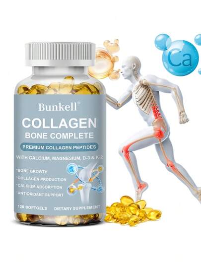 Péptidos de colágeno prémium - Contiene calcio, magnesio, vitamina D3 y vitamina K2 - Favorece la absorción de calcio, la producción de colágeno y la salud ósea, y aporta beneficios antioxidantes - 120 cápsulas blandas